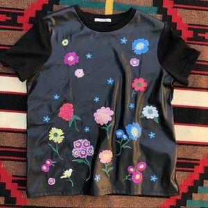 Zara Trafaluc Faux Leather Top w/ Embroidery